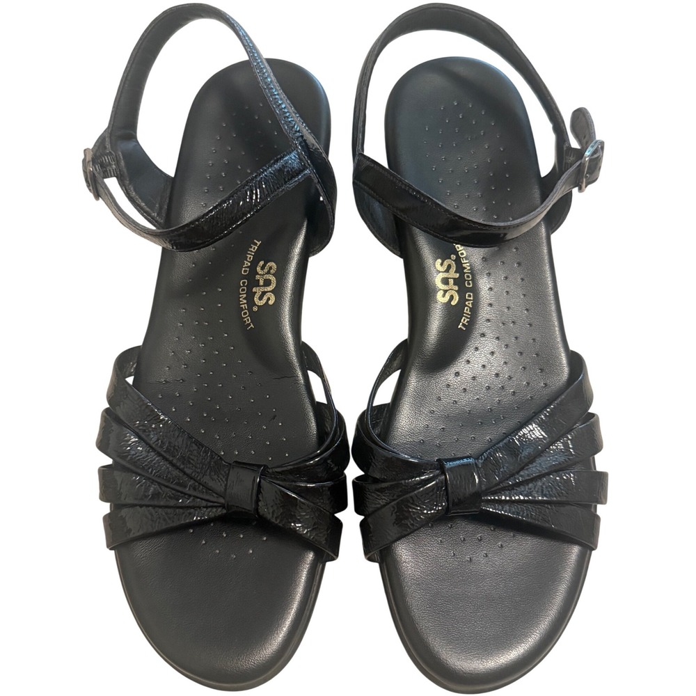 SAS Wedge Sandals Womens 10 M Black Good Patent Leather Tripad Comfort M8 216767